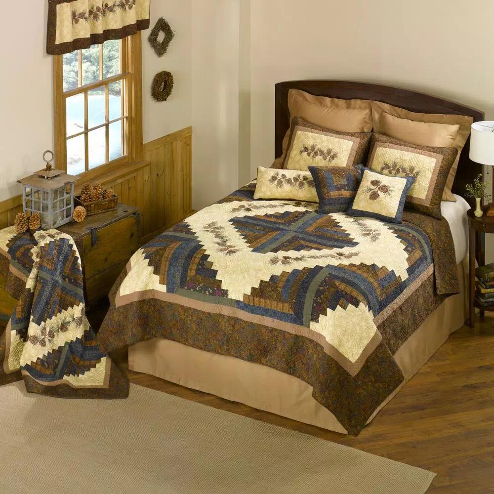 Donna Sharp Cabin Raising Pinecone Brown Cotton Throw Blanket, Rustic Botanical Embroidered Design