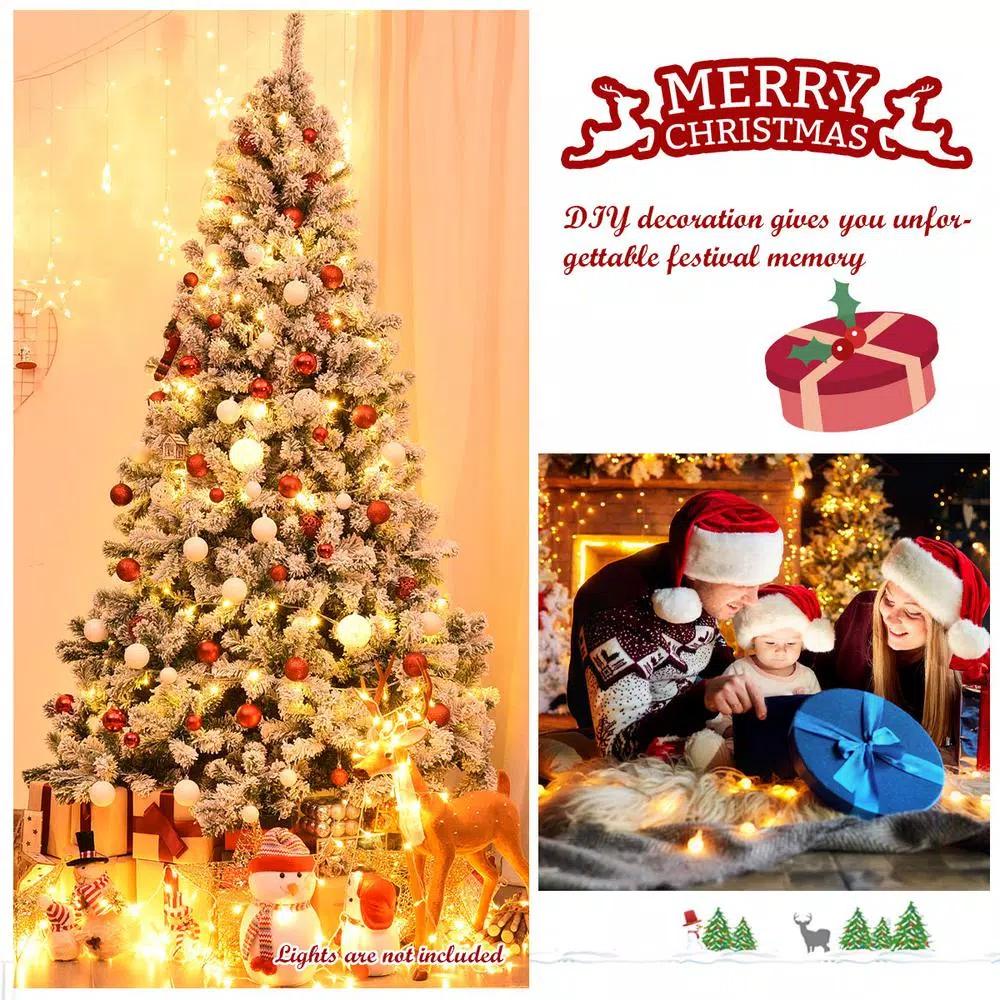 Costway 7.5 ft. Snow Flocked Hinged Pine Artificial Christmas Tree, 1346 Tips, Unlit