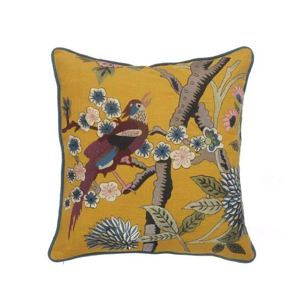 LR Home Scenic Yellow Floral Birds Throw Pillow - 20 x 20 in. Cotton Square Accent Pillow