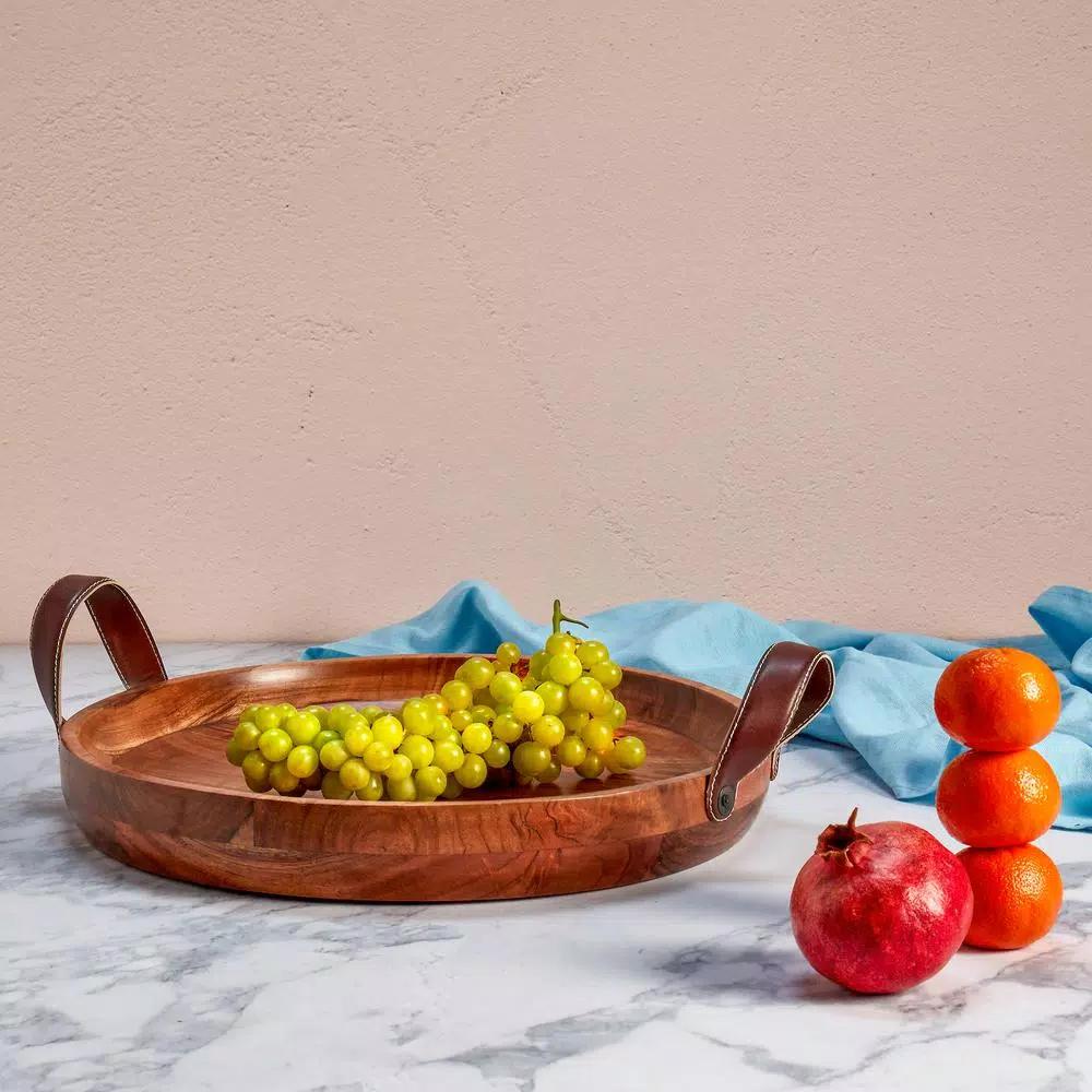 Mason Craft & More 19 in. Round Acacia Wood Serving Tray with Faux Leather Handles