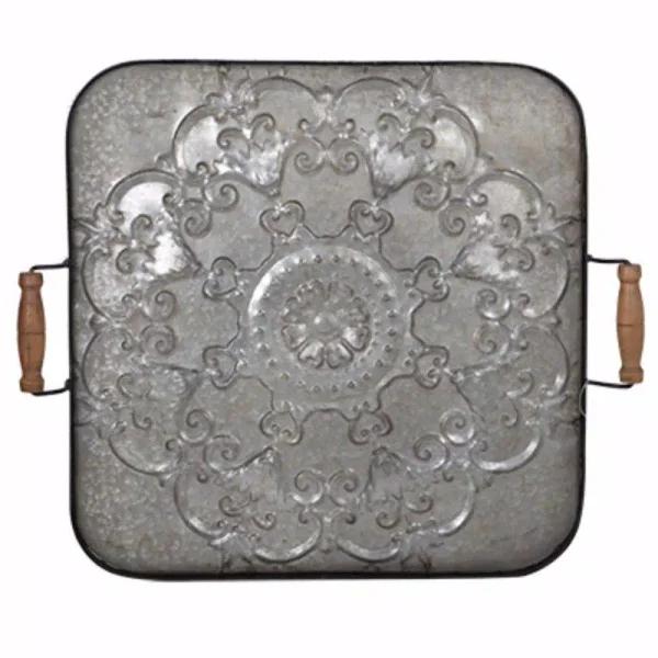 Benjara Ravello Square Gray Wood and Iron Decorative Tray with Floral Detail