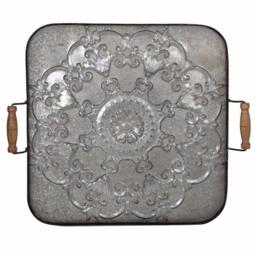 Benjara Ravello Square Gray Wood and Iron Decorative Tray with Floral Detail thumbnail 1
