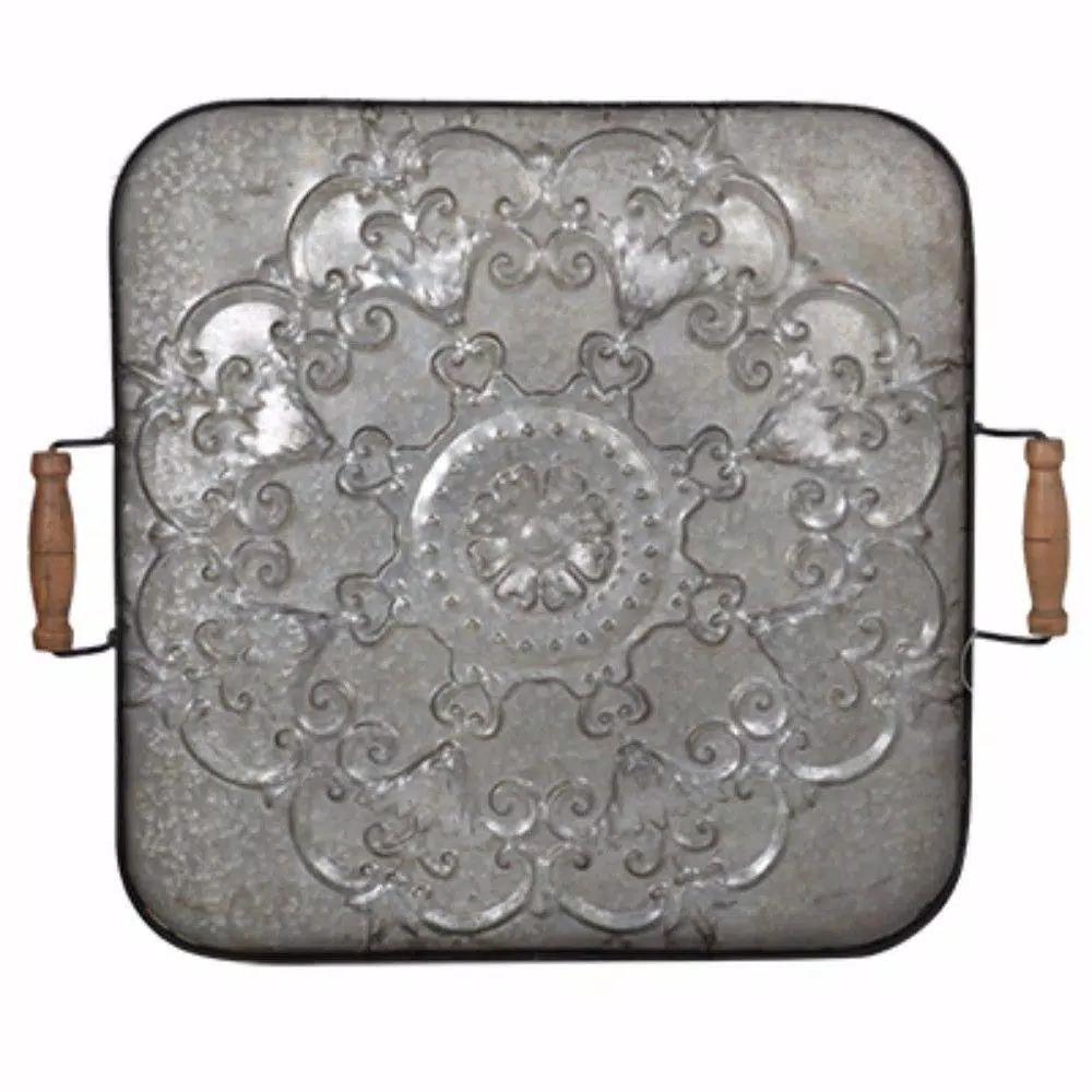 Benjara Ravello Square Gray Wood and Iron Decorative Tray with Floral Detail