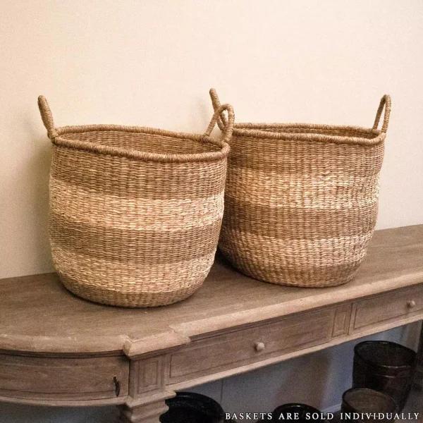 Zentique Hand Woven Seagrass and Palm Leaf Striped Medium Basket with Handles