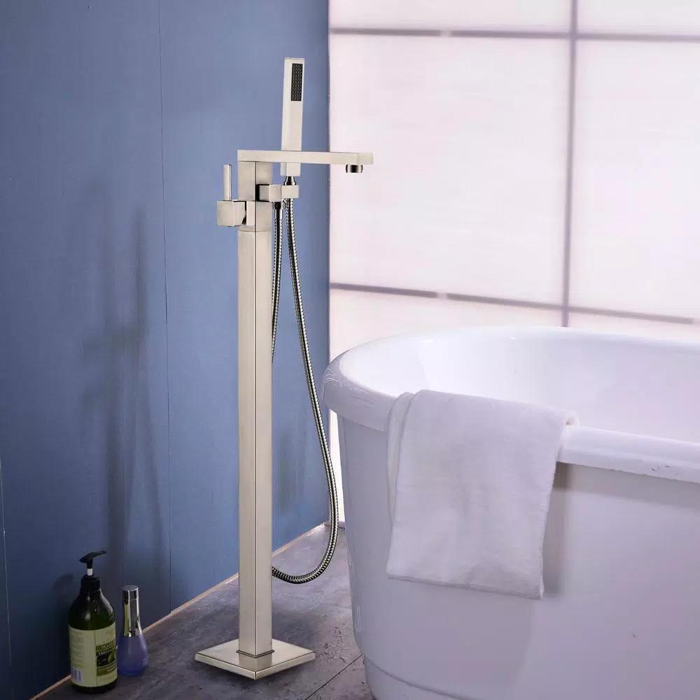 Vanity Art 34 in. Freestanding Single Handle Claw Foot Tub Faucet with Hand Shower, Brushed Nickel