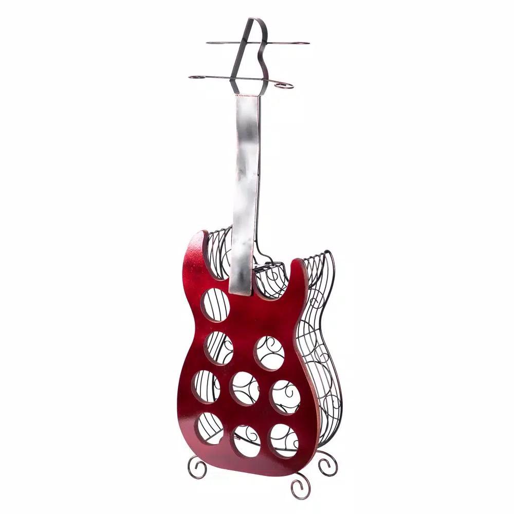 Vintiquewise Vintage Guitar Shaped Wine Holder - 9 Bottle Wood and Metal Freestanding Wine Rack with Glass Storage