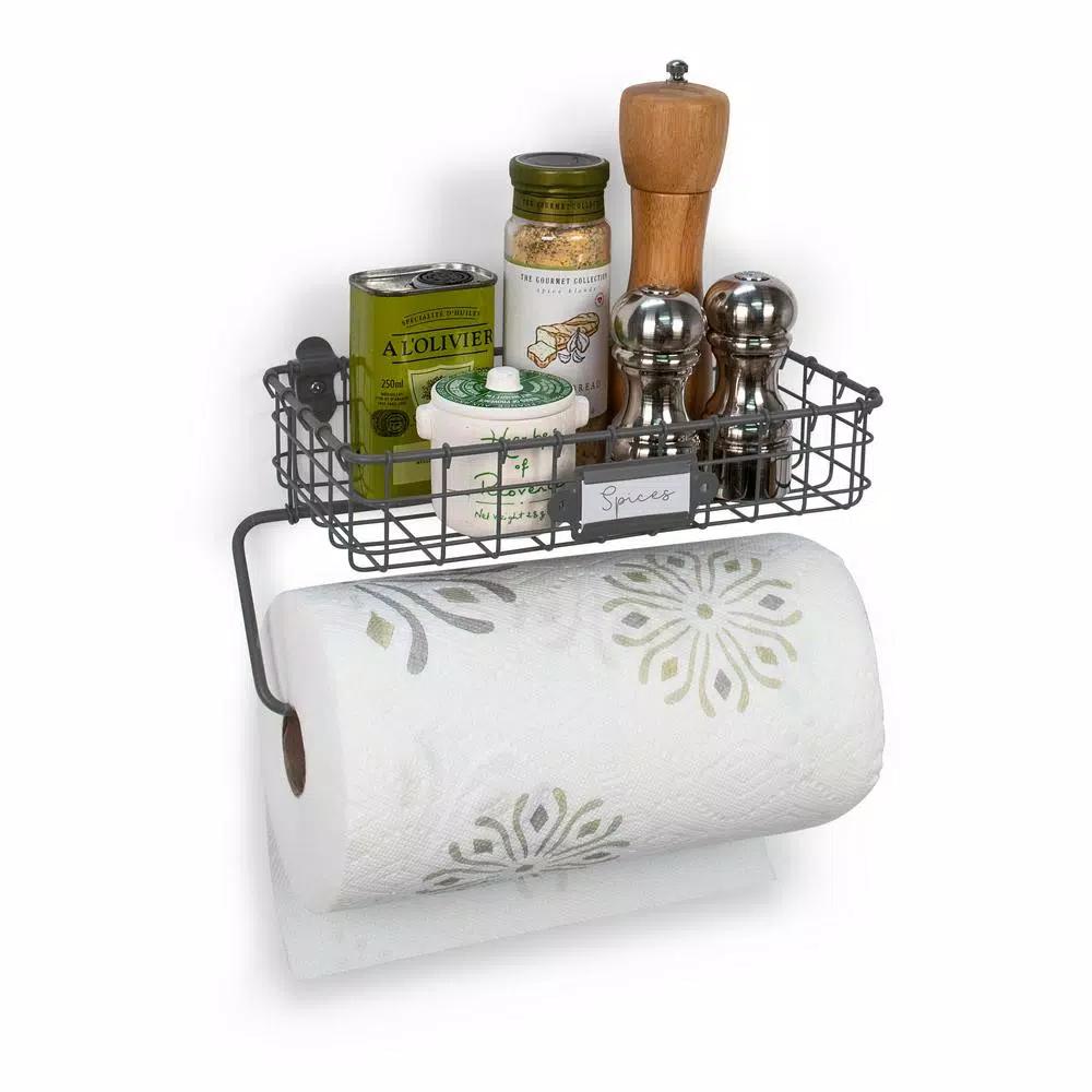 Spectrum Vintage Living Wall Mount Basket with Paper Towel Holder, Industrial Gray Steel