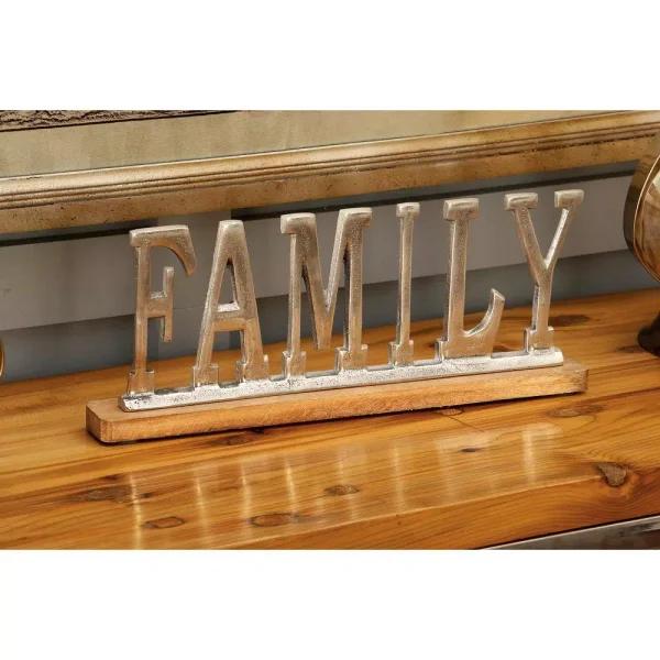 LITTON LANE 15 in. Silver Aluminum FAMILY Standing Sign with Oak Brown Mango Wood Base