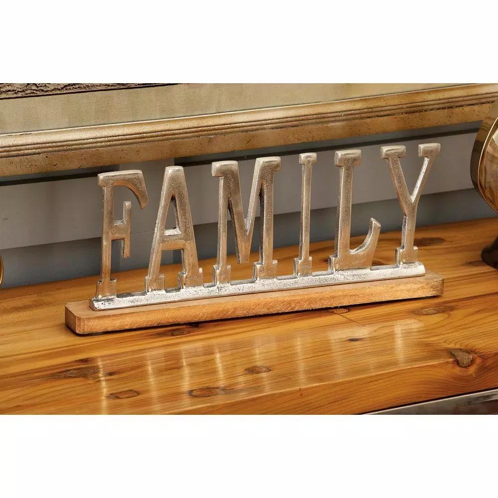 LITTON LANE 15 in. Silver Aluminum FAMILY Standing Sign with Oak Brown Mango Wood Base
