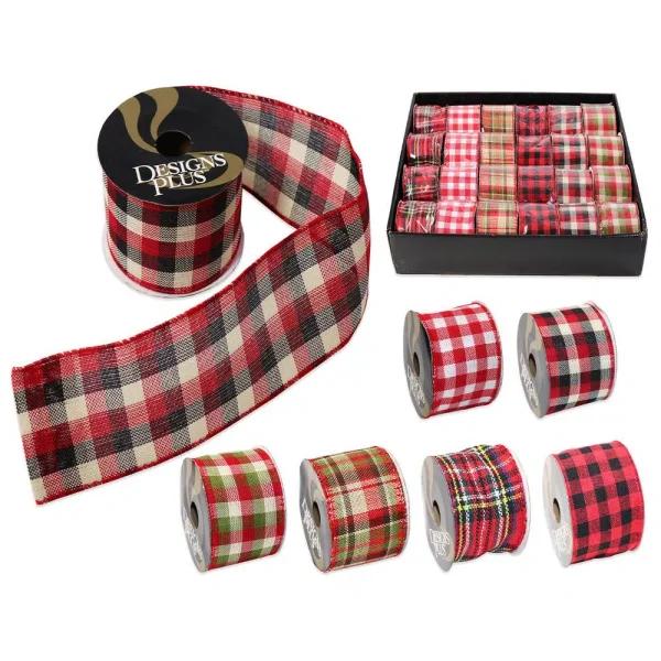 Unbranded 2.5 in. x 9 ft. Assorted Christmas Plaid and Tartan Wire Edge Ribbon (24-Pack)