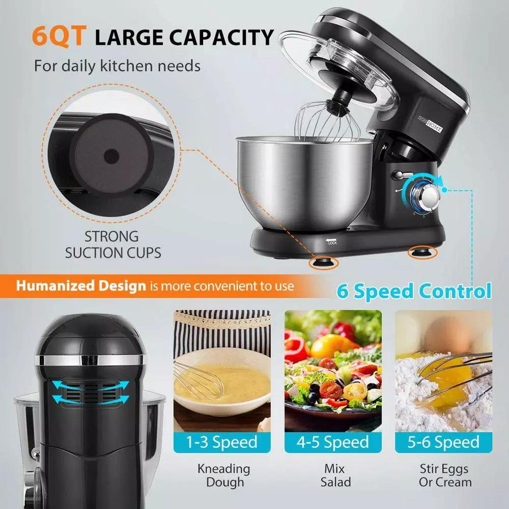 VIVOHOME 650W 6 Qt. Tilt-Head Kitchen Stand Mixer with 6 Speeds and Stainless Steel Bowl, Black