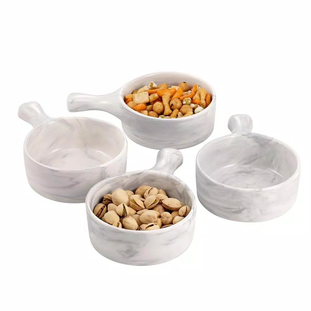 Over and Back 6 oz. Marble Grey Porcelain Handled Serving Bowls, Set of 4