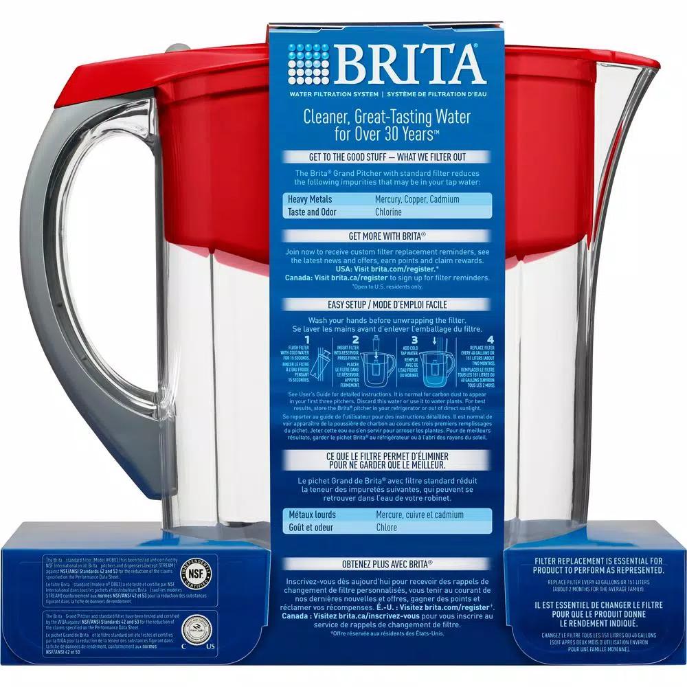 Brita Water Filter Pitcher, 80 fl. oz. Large Capacity, BPA Free, Red