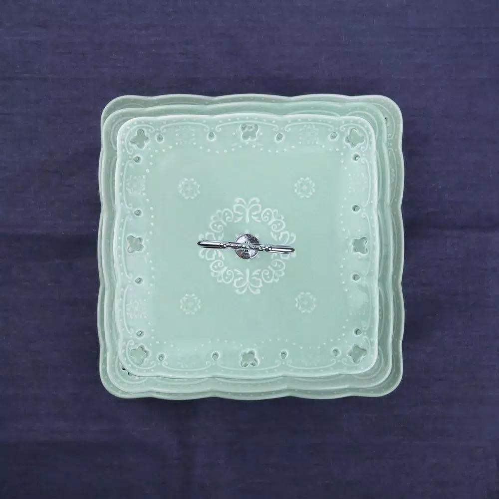 MALACASA 3-Tiered Green Porcelain Square Cupcake Tower Stand - 14.5 in. Dessert Serving Tray