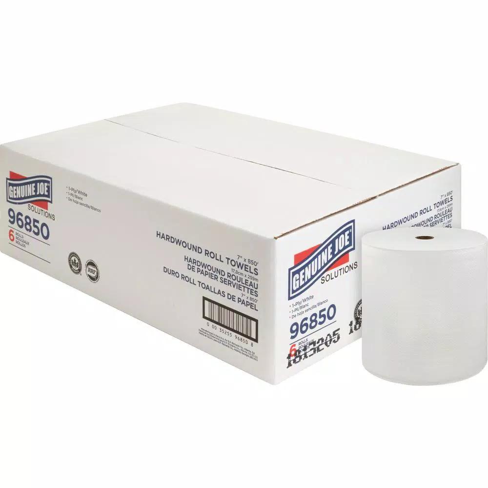 Genuine Joe Solutions 850 ft. White Hardwound Paper Towel Rolls, 1-Ply, 6 Rolls per Case