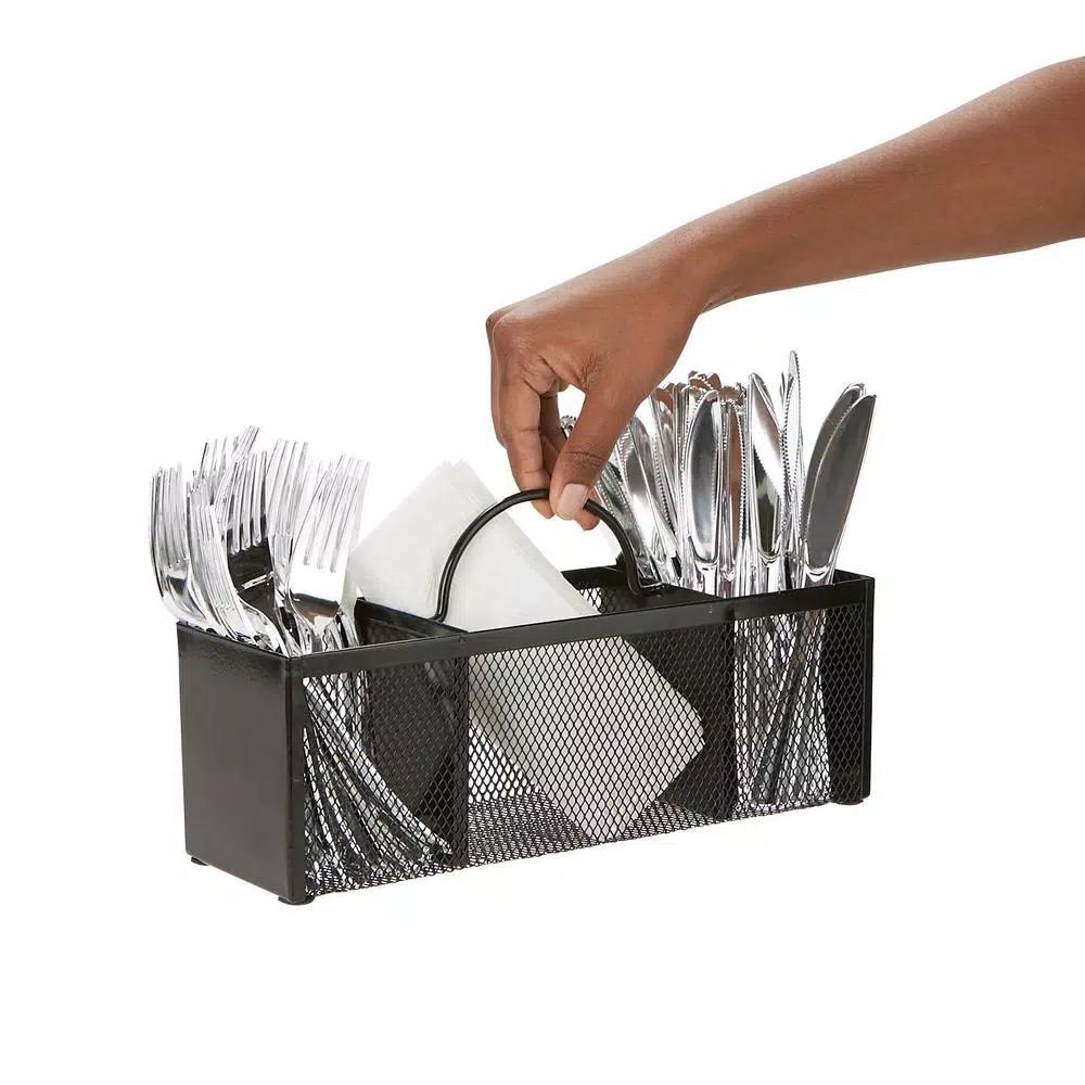 Mind Reader 3-Section Black Mesh Cutlery Holder & Silverware Organizer