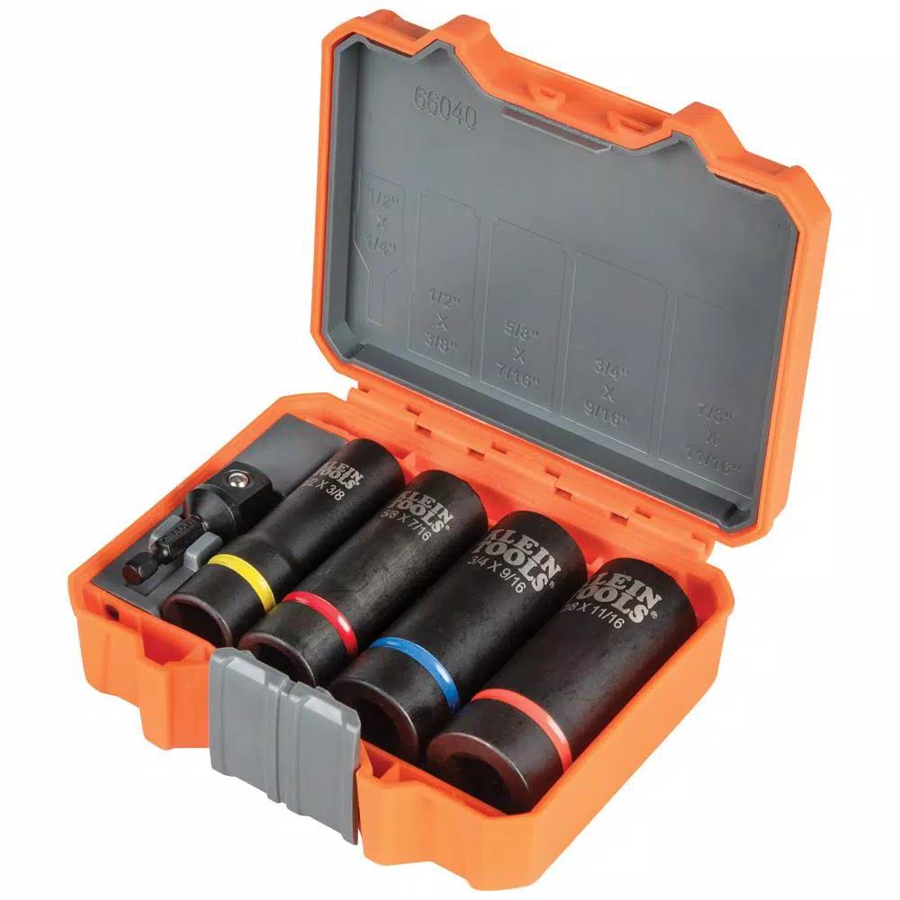Klein Tools 2-In-1 Impact Socket Set, 5-Piece SAE Socket Set with 1/2 in. Drive and Adapter