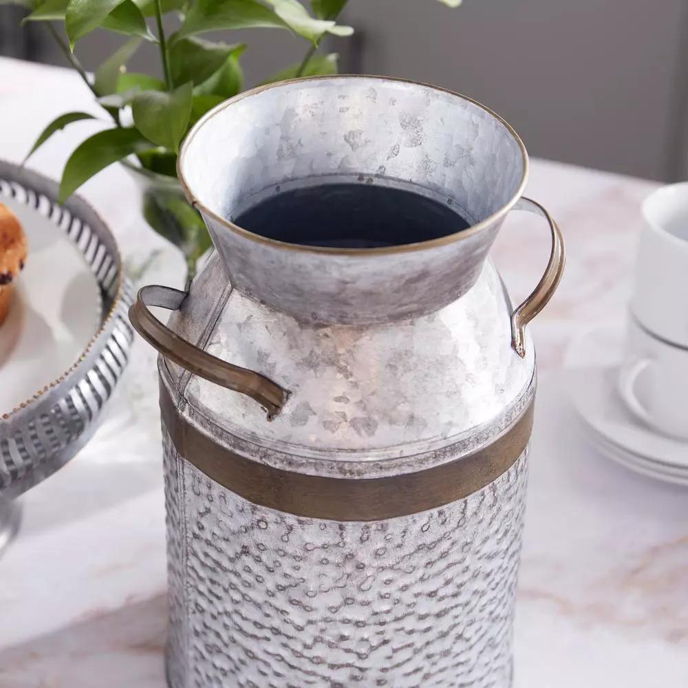LITTON LANE 12 in. Farmhouse Rustic Galvanized Iron Milk Can with Hammered Finish