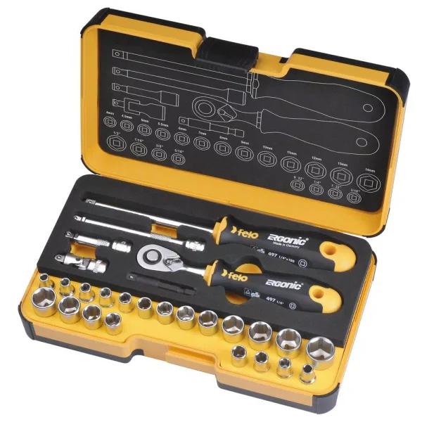 Felo R-GO 27-Piece 1/4 in. Stubby Ergonic Ratchet and Socket Multi-Tool Set