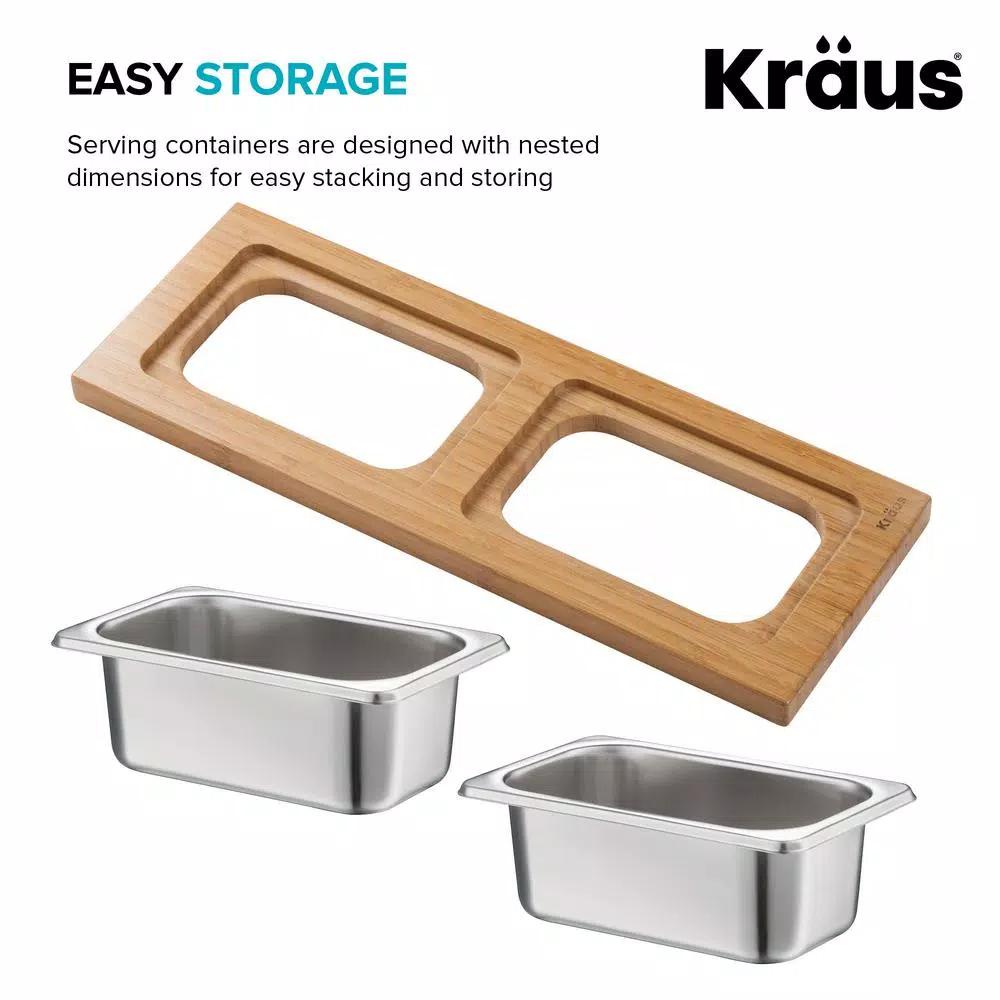 Kraus Workstation Kitchen Sink Bamboo Serving Board Set with 2 Stainless Steel Prep Bowls