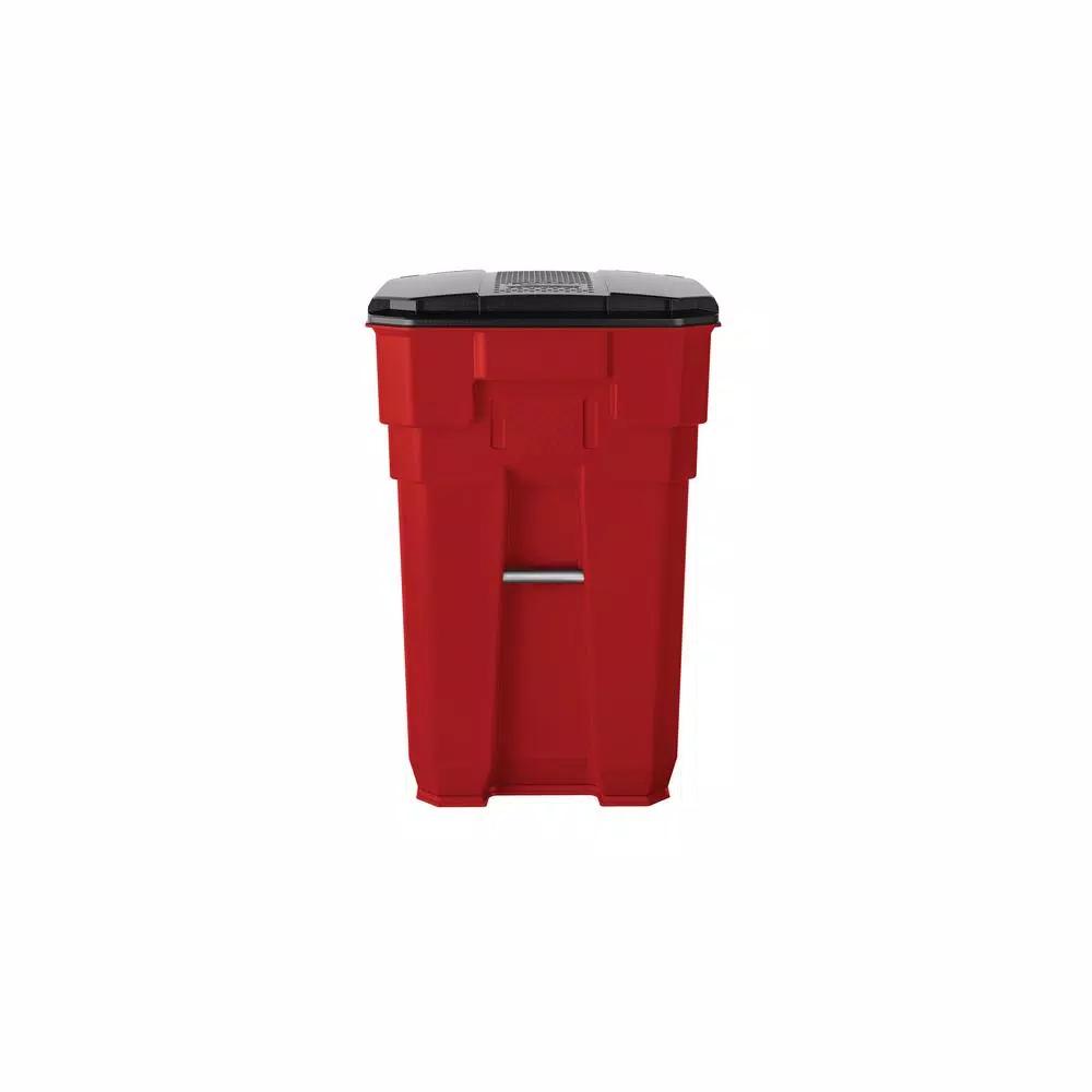 Suncast Commercial Suncast 65 Gallon Commercial Red Plastic Trash Can with Wheels and Attached Lid
