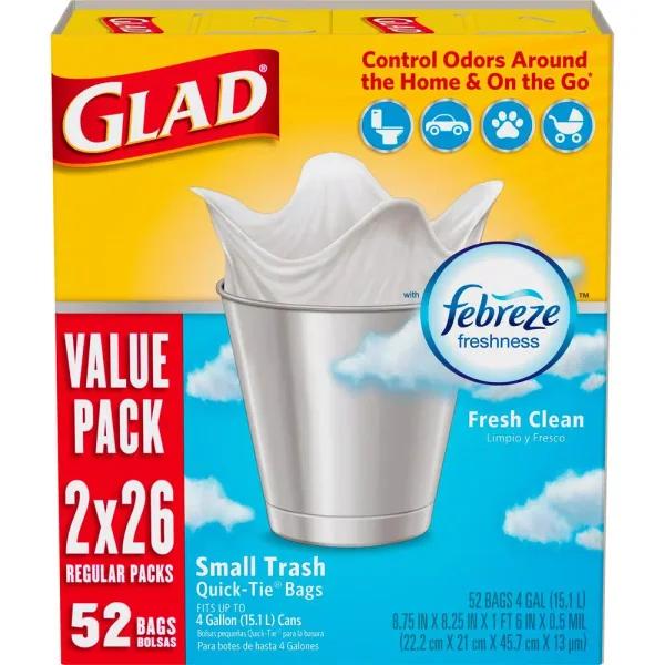Glad OdorShield Small Trash Bags, 4 Gal, Fresh Clean Scent, Quick-Tie, 26-Count (2-Pack)