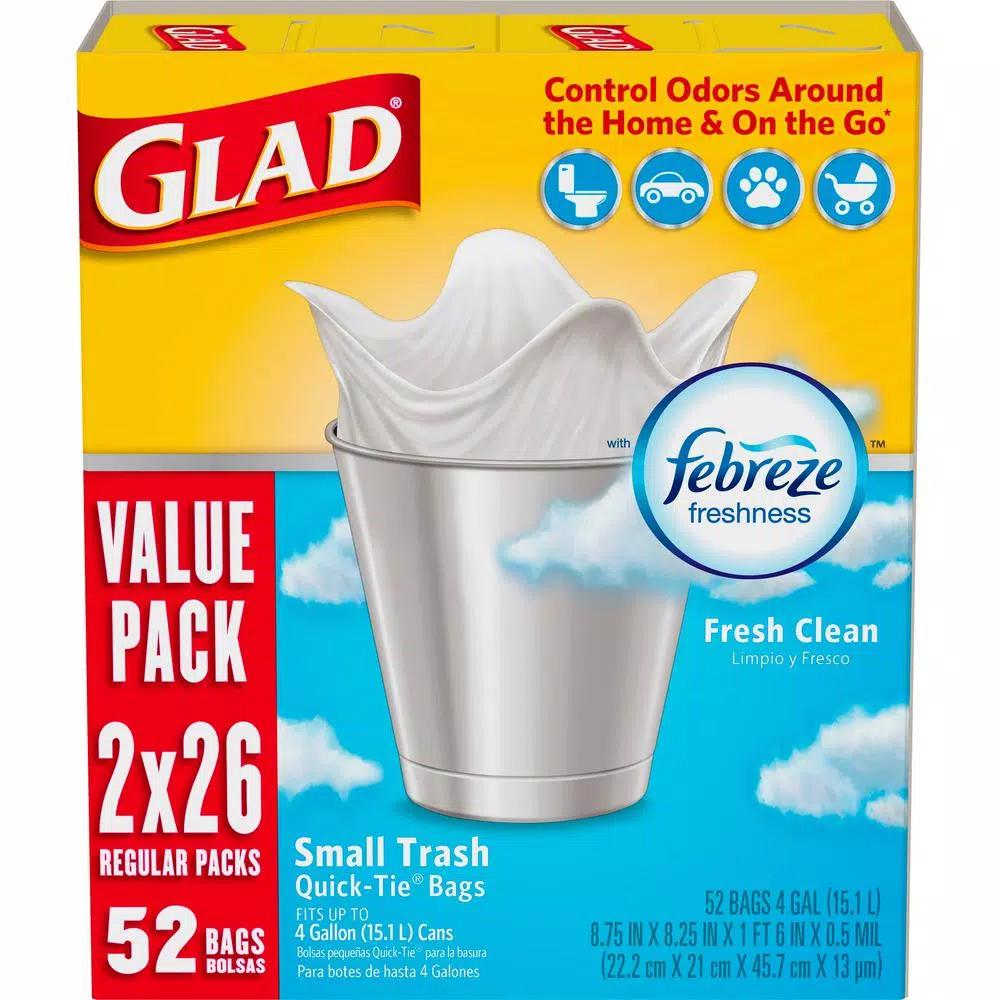 Glad OdorShield Small Trash Bags, 4 Gal, Fresh Clean Scent, Quick-Tie, 26-Count (2-Pack)