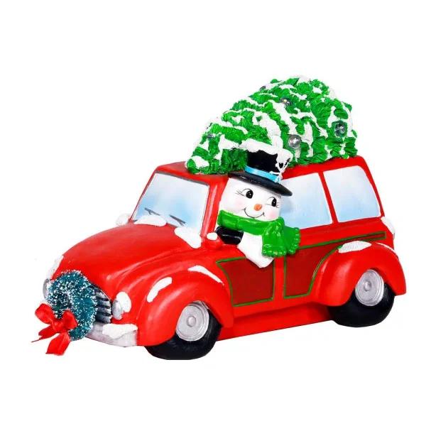 Alpine Corporation Snowman in Red Woody Car Holiday Decor with Multi-Color LED Lights