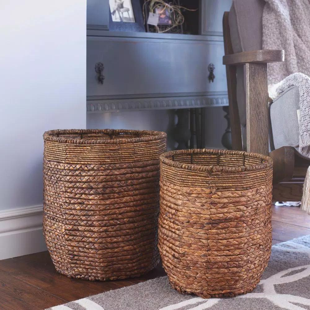 Household Essentials Wicker Water Hyacinth Rimmed Basket Set of 2, Rustic Decorative Storage Baskets and Planters