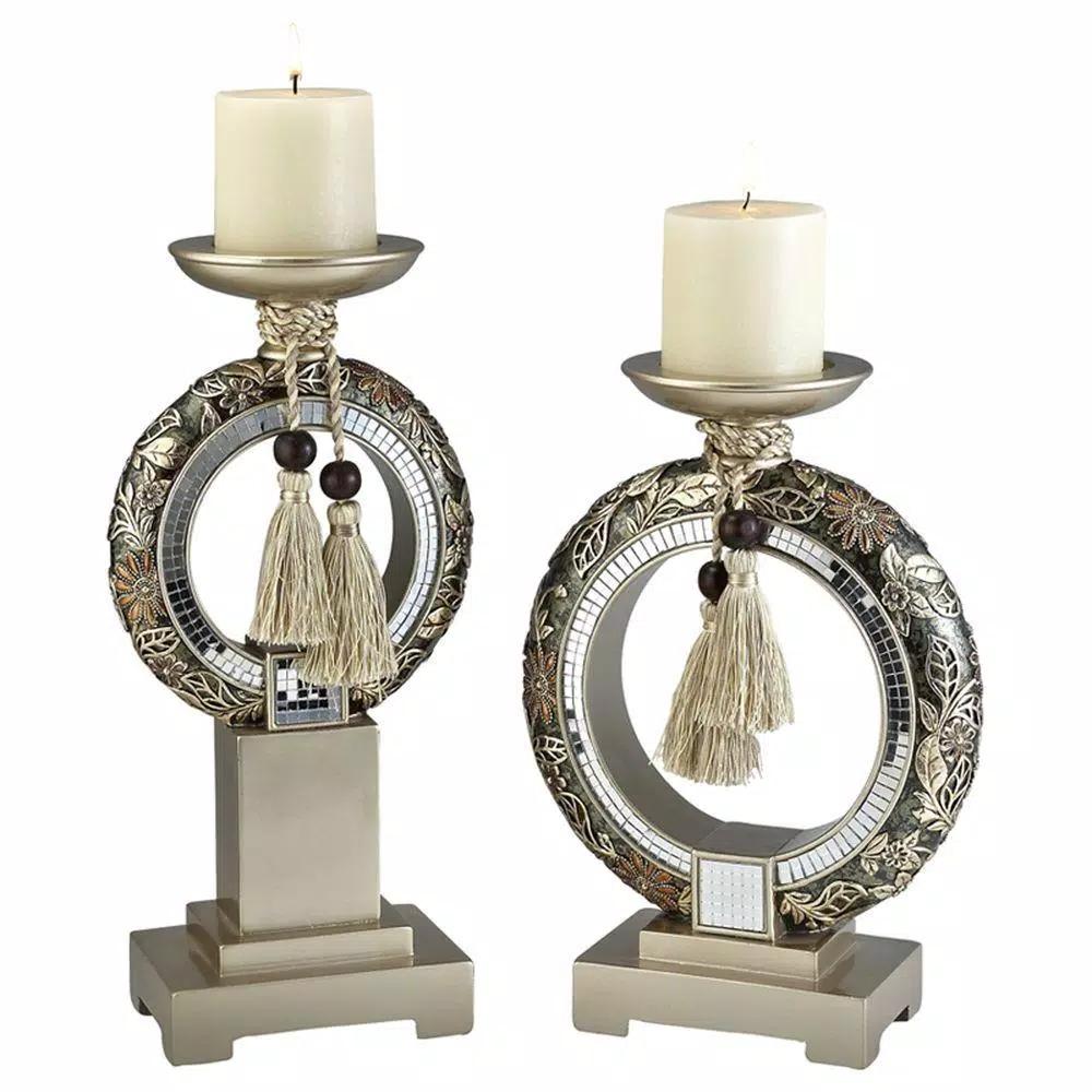 ORE International Chrysanthemum Floral Candle Holder Set with Vanilla Scented Candles - Gold & Bronze
