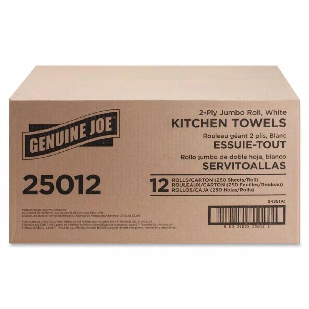 Genuine Joe White Perforated Roll Towels, 2-Ply, 250 Sheets per Roll, 12 Rolls per Carton