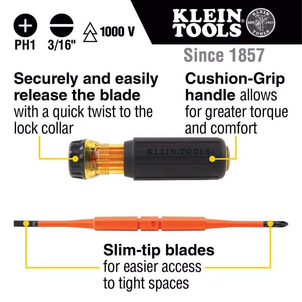 Klein Tools 2-in-1 Insulated Flip-Blade Screwdriver, #1 Phillips & 3/16 in. Slotted