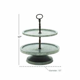 Benzara Modern 2-Tier Metal Serving Tray Stand with Handle, Galvanized Round Trays thumbnail 2