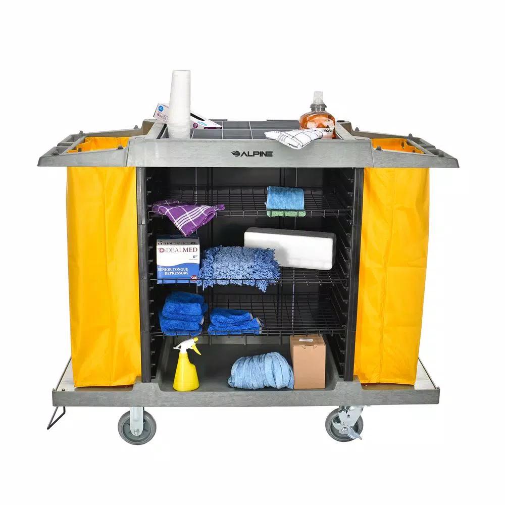Alpine Industries 4-Shelf PVC Janitorial Cleaning Cart with 2 Yellow Vinyl Bags
