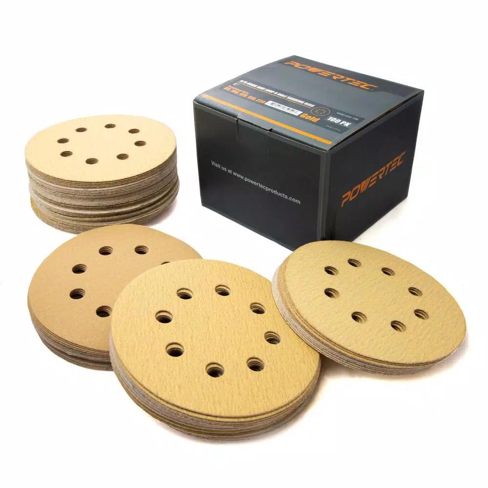 POWERTEC 5 in. Gold Aluminum Oxide Hook and Loop 8-Hole Sanding Disc Assortment, 100-Pack
