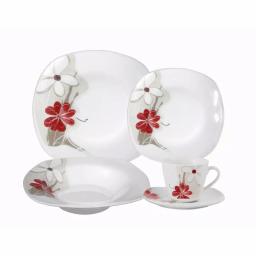 Lorren Home Trends 16-Piece Square Porcelain Dinnerware Set, Red and Tan Floral Design, Service for 4 thumbnail 1