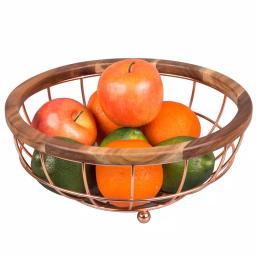 Creative Home Deluxe Acacia Wood and Copper Plated Iron Wire Fruit Basket Bowl thumbnail 2