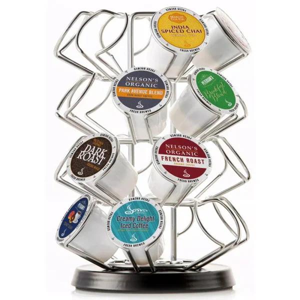 Casa Bellante Steel Carousel Coffee Pod Organizer for 24 Keurig K-Cups, Black and Chrome