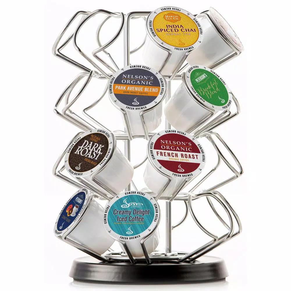 Casa Bellante Steel Carousel Coffee Pod Organizer for 24 Keurig K-Cups, Black and Chrome