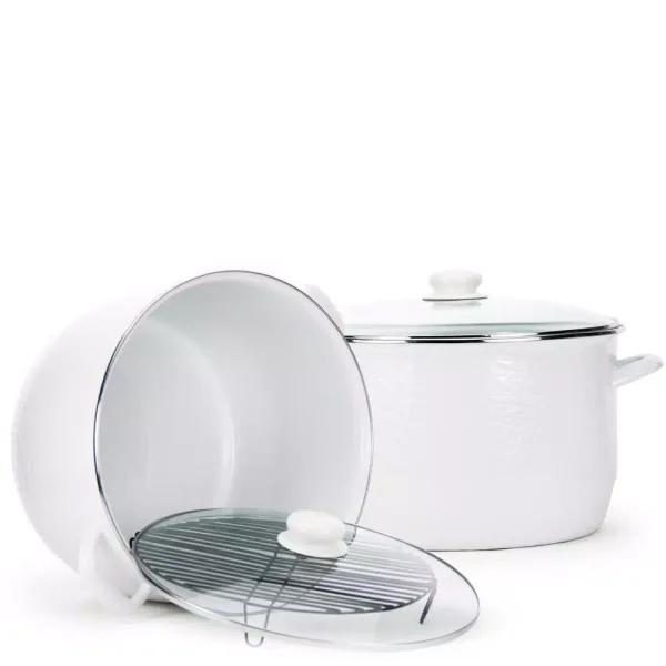 Golden Rabbit 18 qt. Porcelain-Coated Steel Stock Pot with Glass Lid and Rack, Solid White