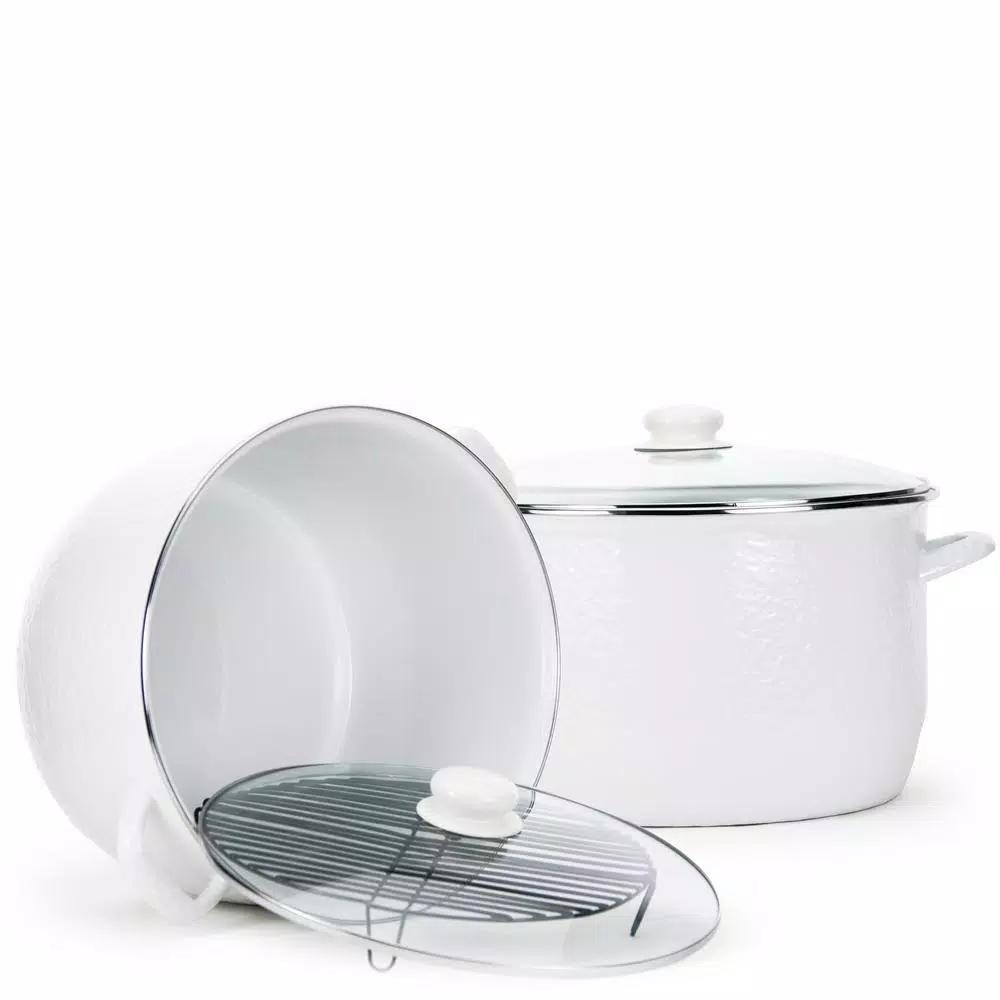Golden Rabbit 18 qt. Porcelain-Coated Steel Stock Pot with Glass Lid and Rack, Solid White