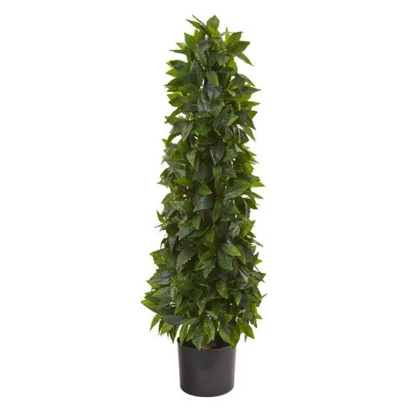 Nearly Natural 3 ft. Sweet Bay Cone Topiary Artificial Tree with Planter
