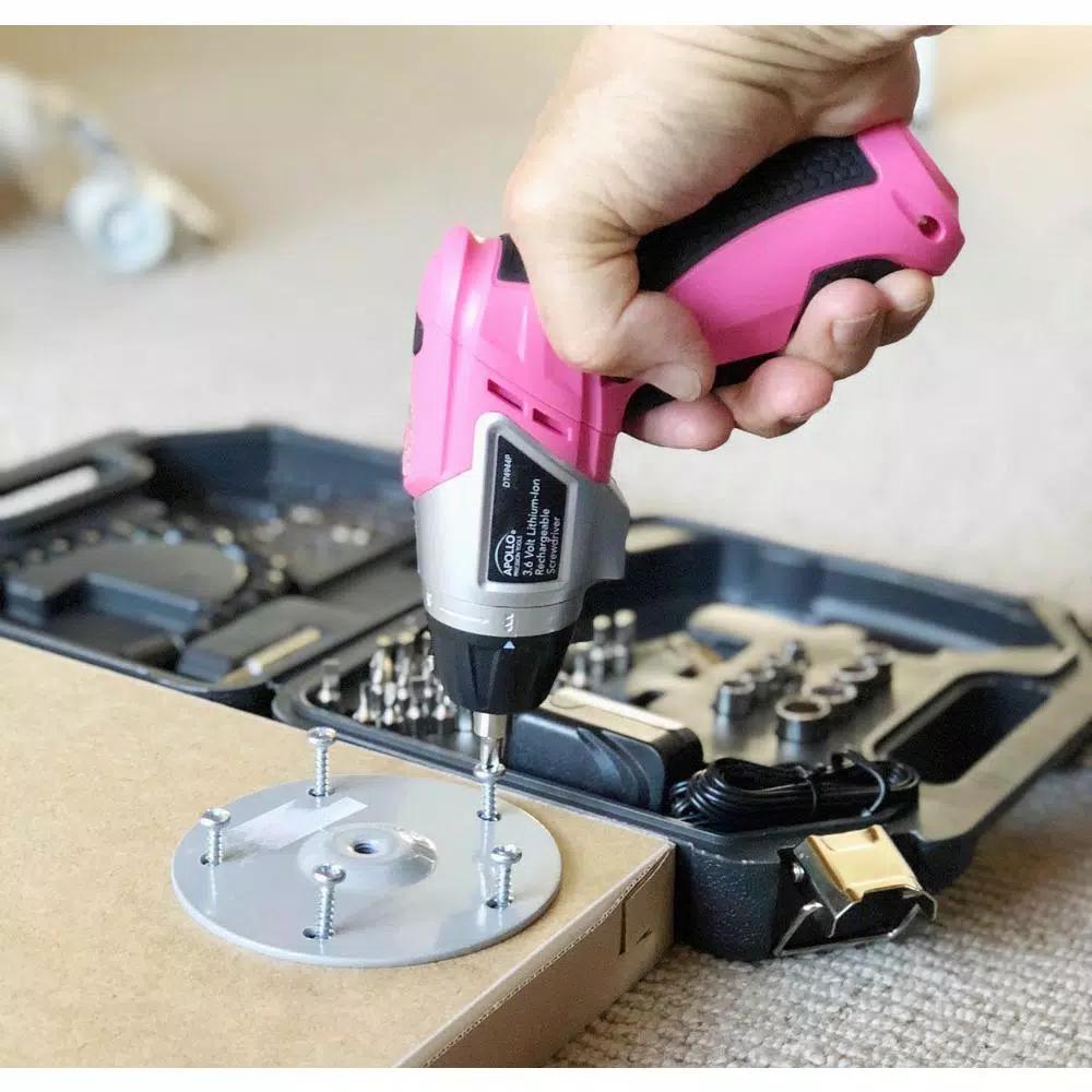 Apollo Tools 3.6V Lithium-Ion Cordless Electric Screwdriver with 45-Piece Accessory Set, Pink