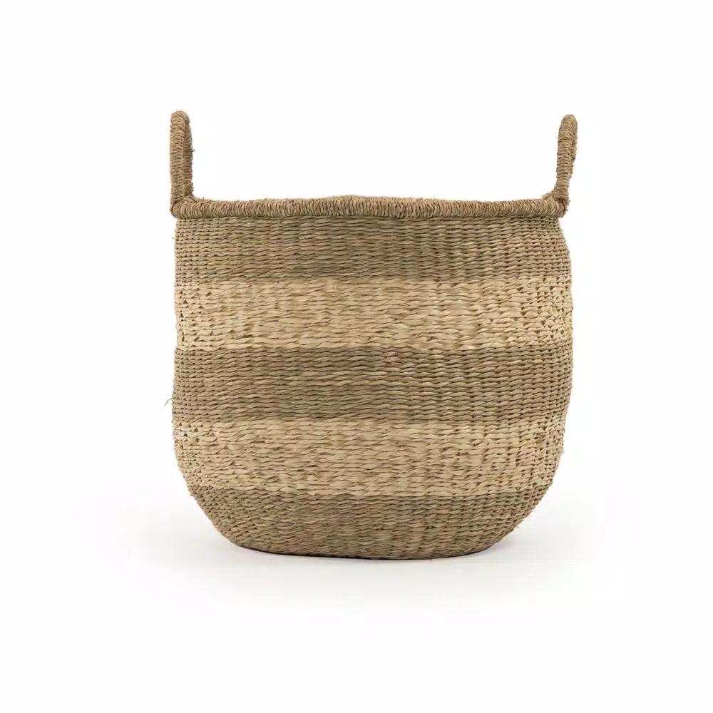 Zentique Hand Woven Seagrass and Palm Leaf Striped Medium Basket with Handles