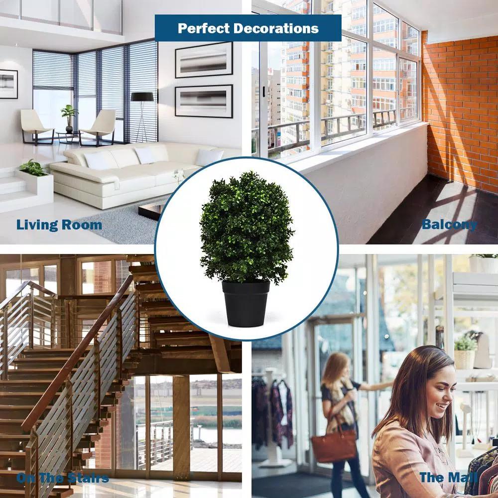 Costway 24 in. Artificial Boxwood Topiary Ball Tree Set of 2 - Indoor/Outdoor Faux Greenery