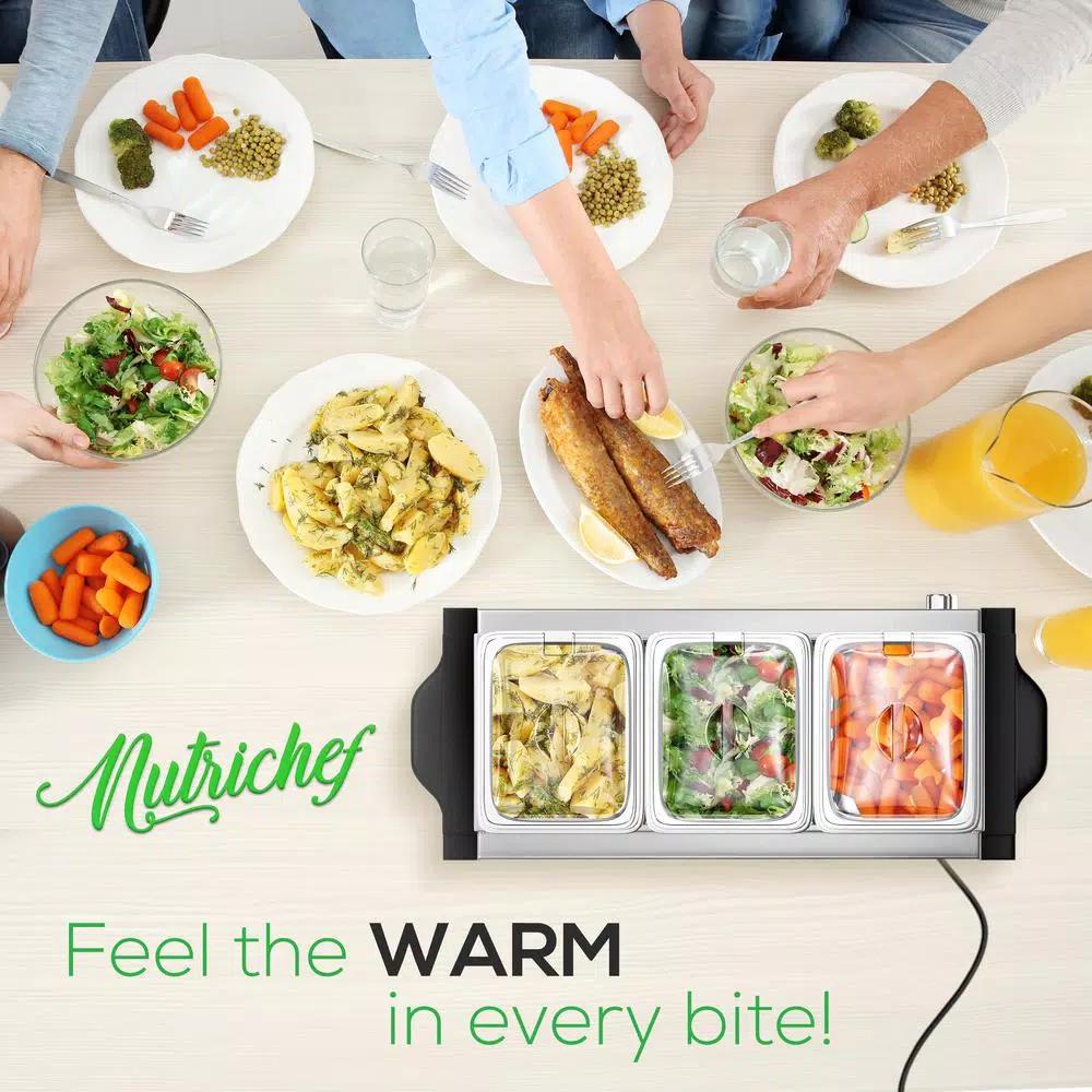 NutriChef 21.9 in. Stainless Steel 3-Plate Electric Buffet Server Food Warming Tray