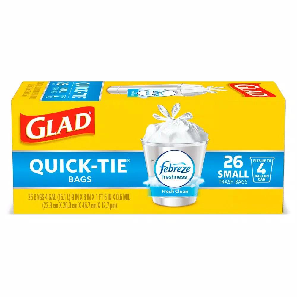 Glad OdorShield Quick-Tie Small Trash Bags, 4 Gal, Fresh Clean Scent, 26 Count