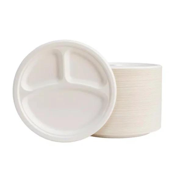 Unbranded 10 in. White Sugarcane Sectional Plates, 3-Compartment, 300 Pack