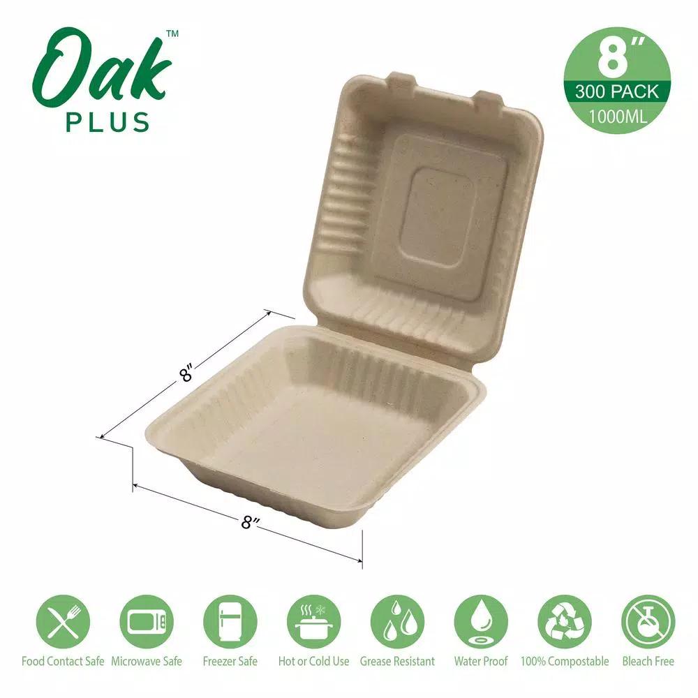 Unbranded 8 in. Natural Sugarcane Clamshell Containers, Biodegradable & Compostable (300 Pack)
