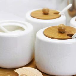 Elama Ceramic Condiment Jar Set with Bamboo Lids, Serving Spoons & Tray - 13 Piece White Set thumbnail 2